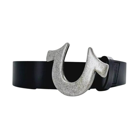 True Religion Leather Belt Heavyweight Horseshoe Buckle Black - Picture 3 of 6